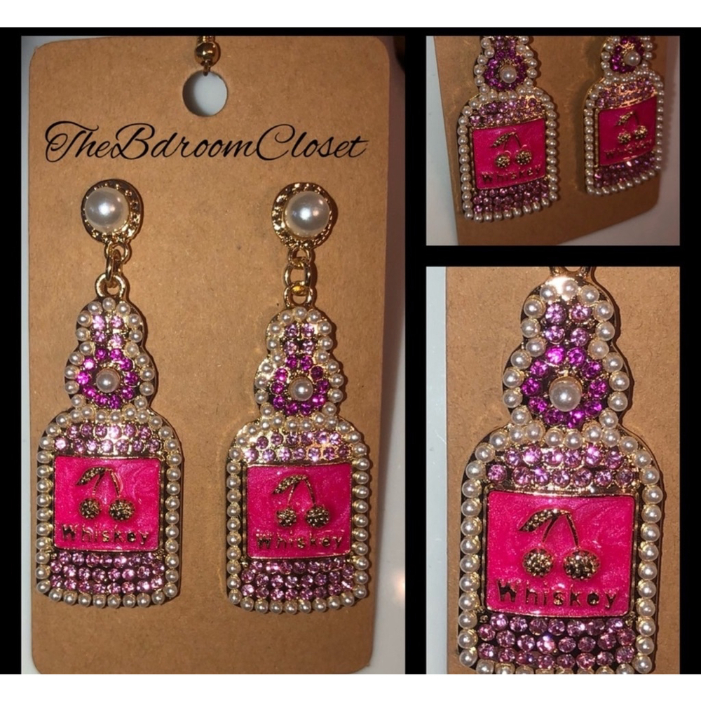 Women's Pink Whiskey Bottle Design Earrings NIP